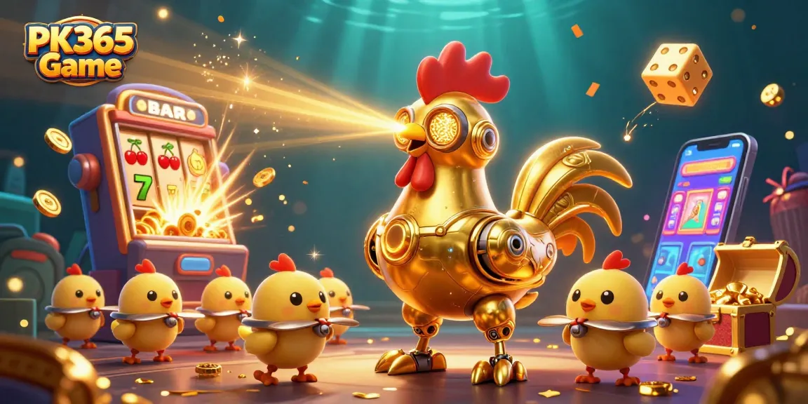 Play the PK365 Game with excitement at the vibrant casino scene featuring golden rooster robots!