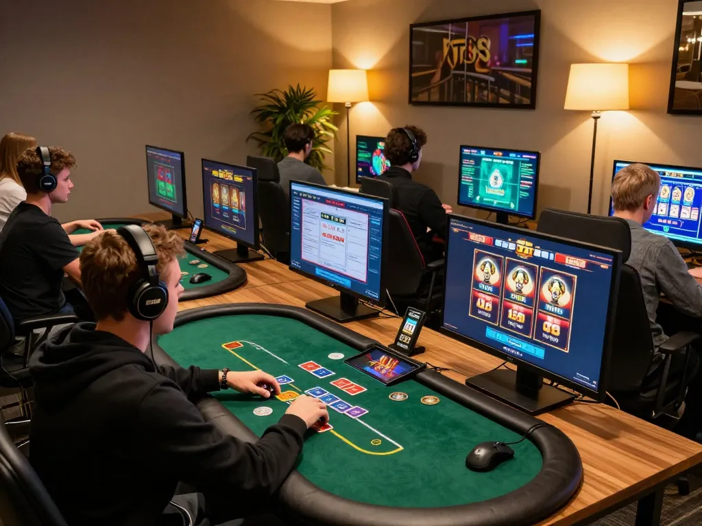 Player engaging in TT88 online gaming setup with multiple screens showcasing casino games and strategy.