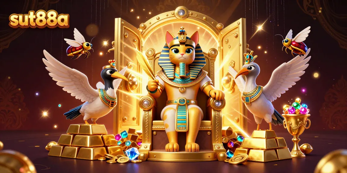 Experience winning at sut88a with an Egyptian pharaoh cat, golden treasures, and vibrant casino elements.