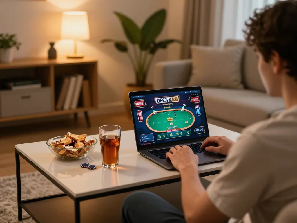 Player engaging in online poker at OPEN88, showcasing lively gameplay in a cozy home setting with snacks and drinks.