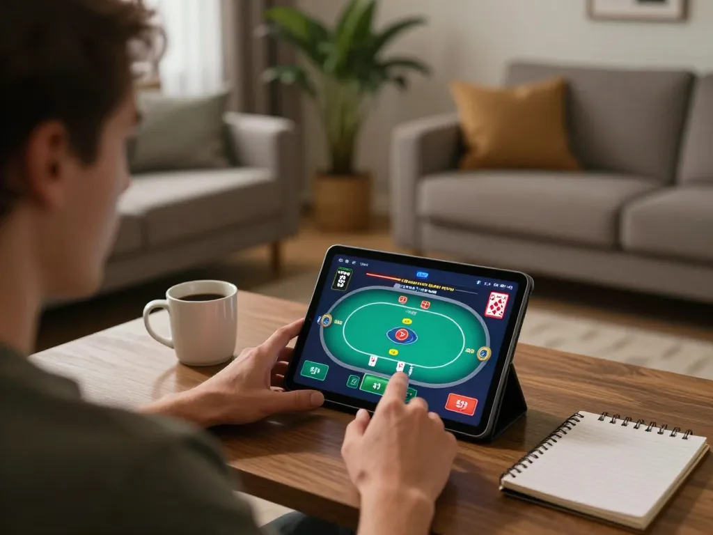 Player enjoying online gambling at home with JUN88 tablet interface and cozy atmosphere