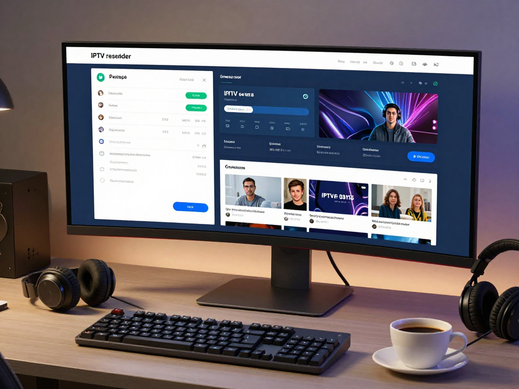 The IPTV reseller panel interface on a modern developer workspace, showcasing cloud computing and digital platform management tools.