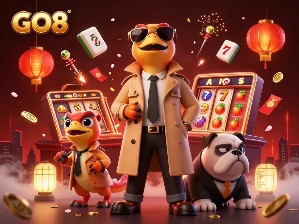 Experience GO8 excitement in a vibrant casino scene with cartoon raptors and dynamic gaming elements.
