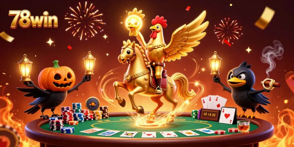 Experience the excitement at 78win with a golden rooster in a fantastical casino scene.