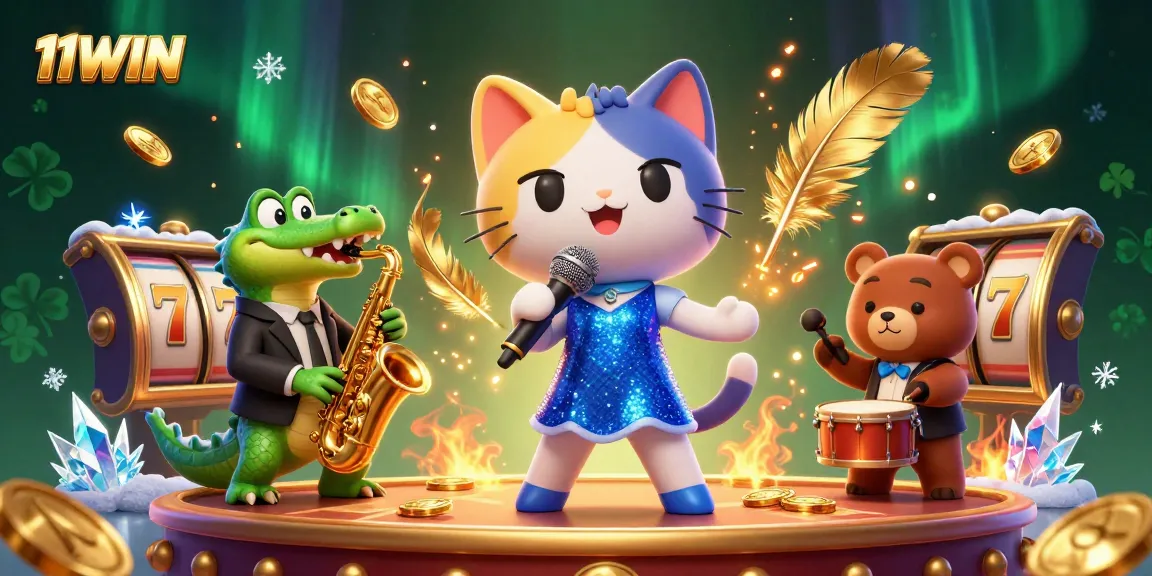 Engage with 11WIN through a vibrant 3D casino scene showcasing jazz and fun.