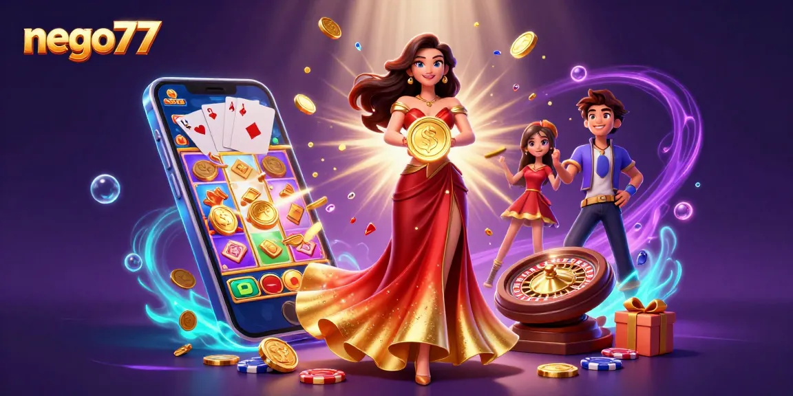 Experience the thrill of nego77 with vibrant casino elements and a stunning Asian woman showcasing winning potential.