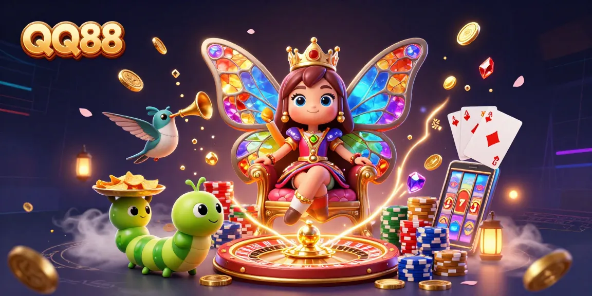 Experience the vibrant world of QQ88 with dazzling characters and casino elements featuring golden coins and a roulette wheel.