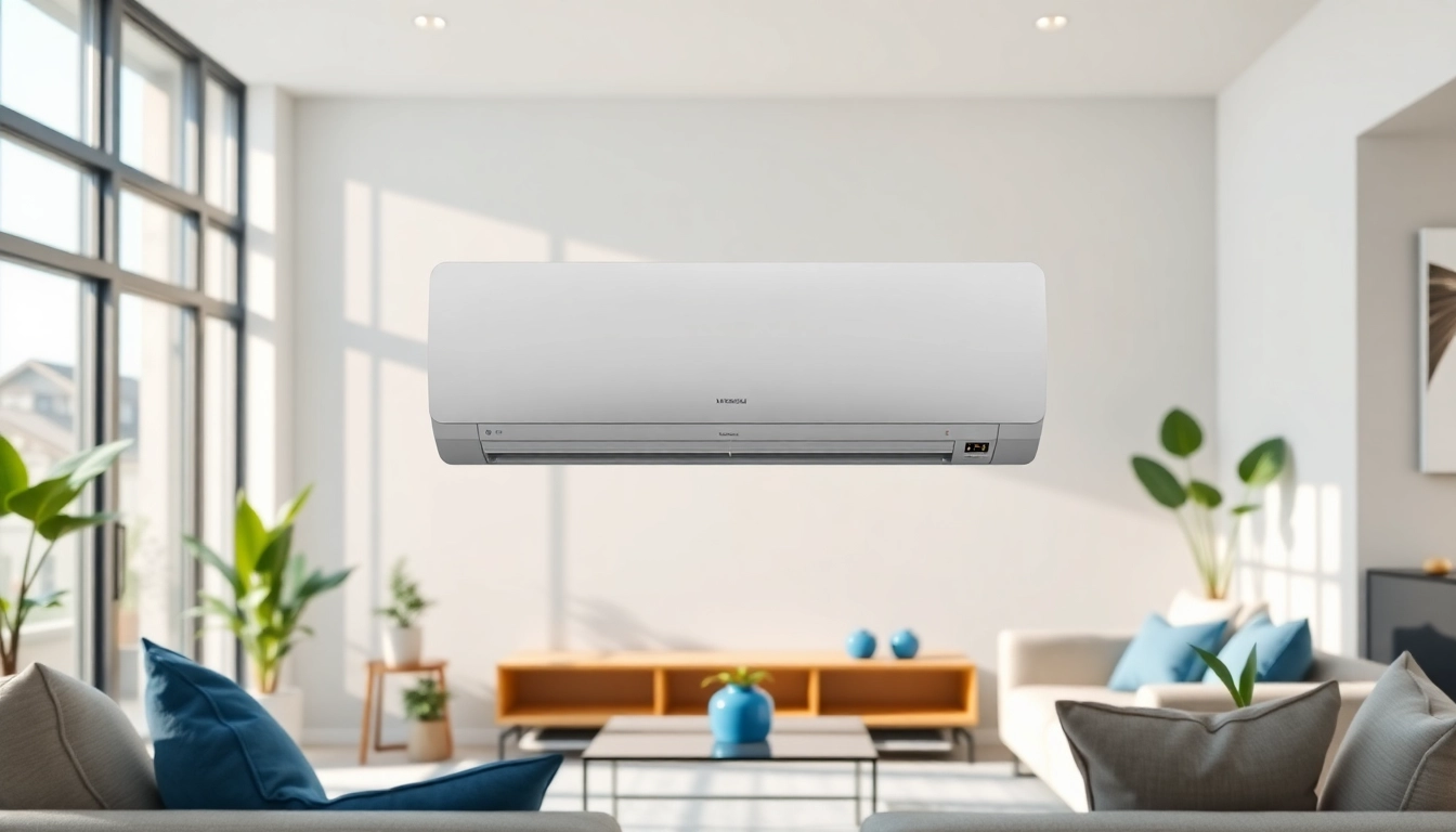Mitsubishi mini split AC unit elegantly installed in a modern living room with natural lighting.