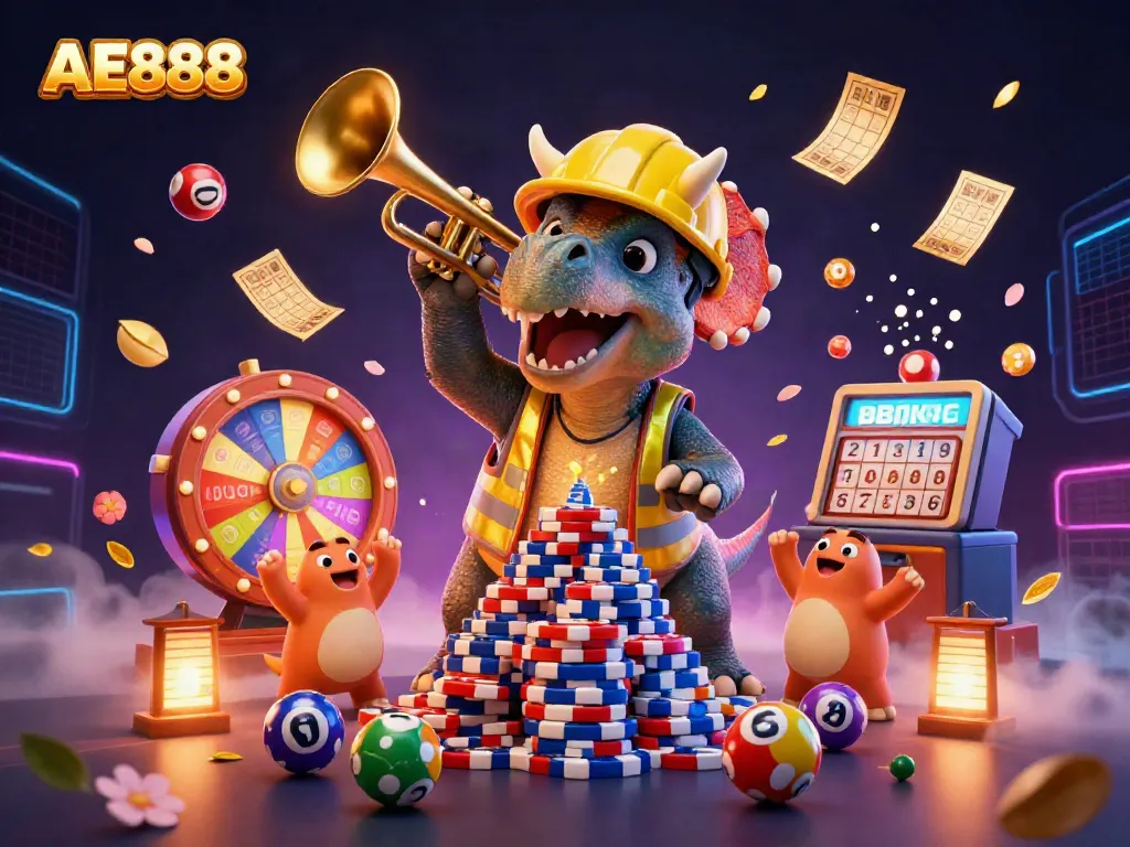 Celebrate winning moments at AE888 with a dynamic casino scene featuring vibrant characters and exciting game elements.