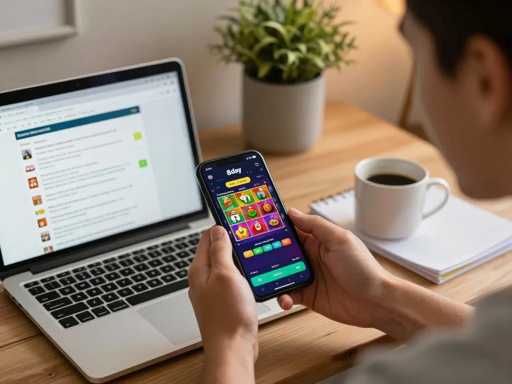 Player enjoying 8day mobile app gaming experience at home, engaged with vibrant online casino interface.