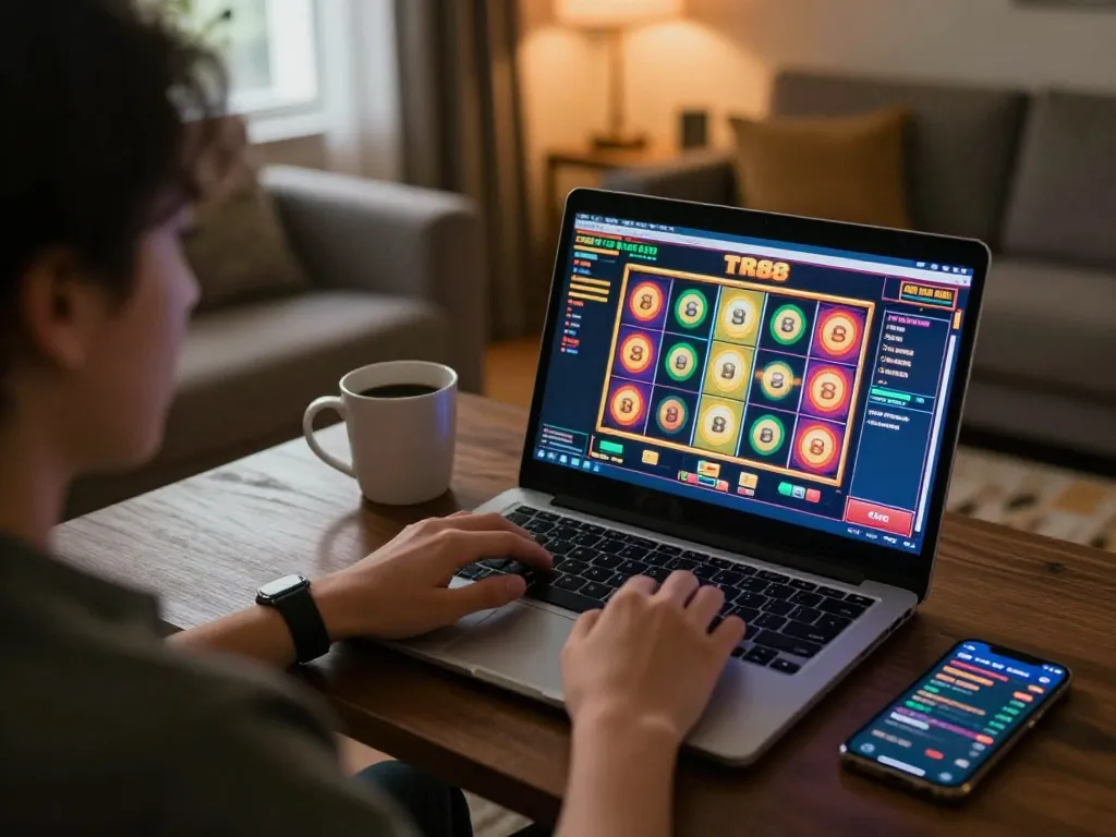 Engaging in online casino gameplay with TR88 on a laptop, showcasing vibrant slot machine graphics