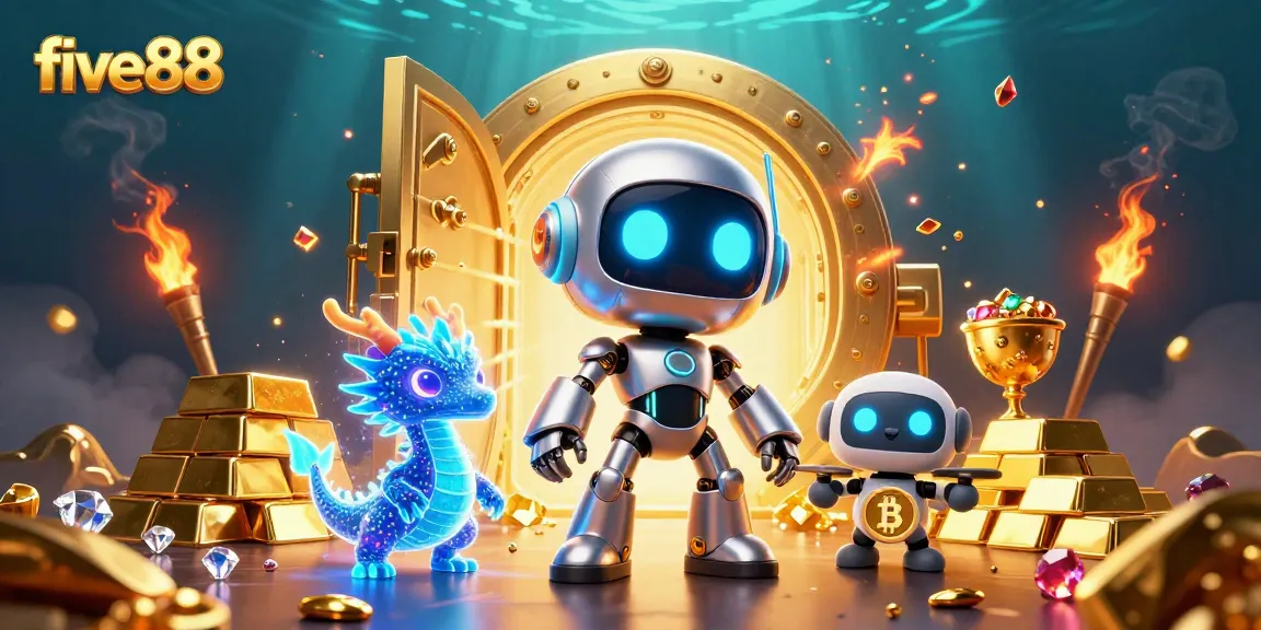Engage with five88's vibrant casino world, featuring unique characters amidst a dynamic treasure scene.