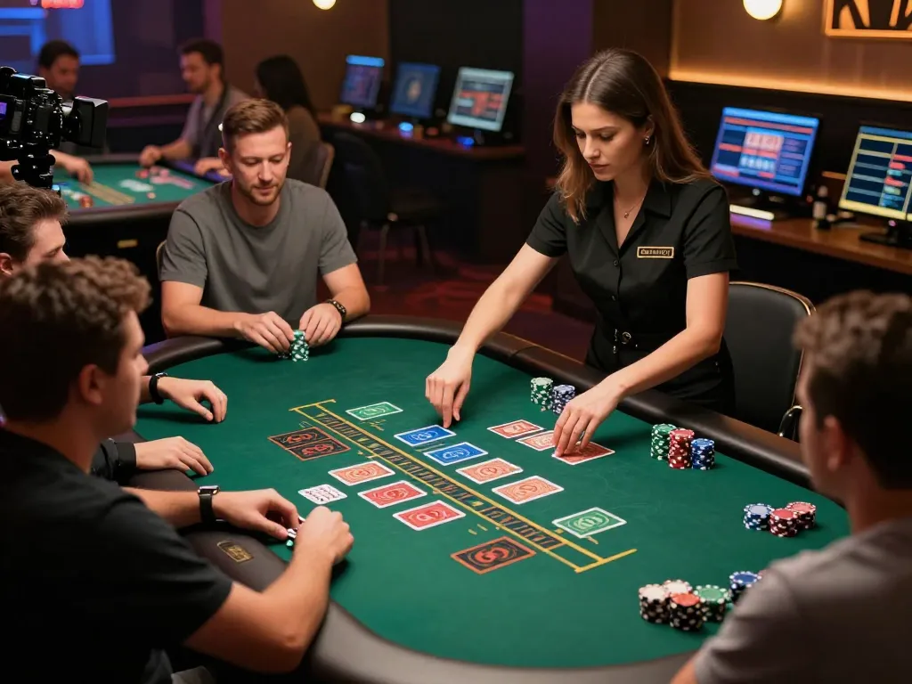 RR88 SELECT players enjoying a thrilling blackjack game with professional dealer in vibrant casino.