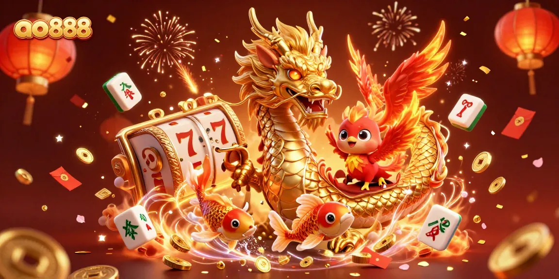 Experience thrilling wins at ao888 with a golden dragon, phoenix, and koi fish in a vibrant casino scene.