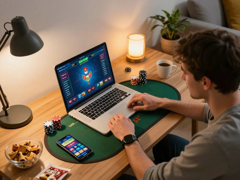 Player enjoying an online poker game on oxbet in a cozy home setup, showcasing dynamic gaming experience