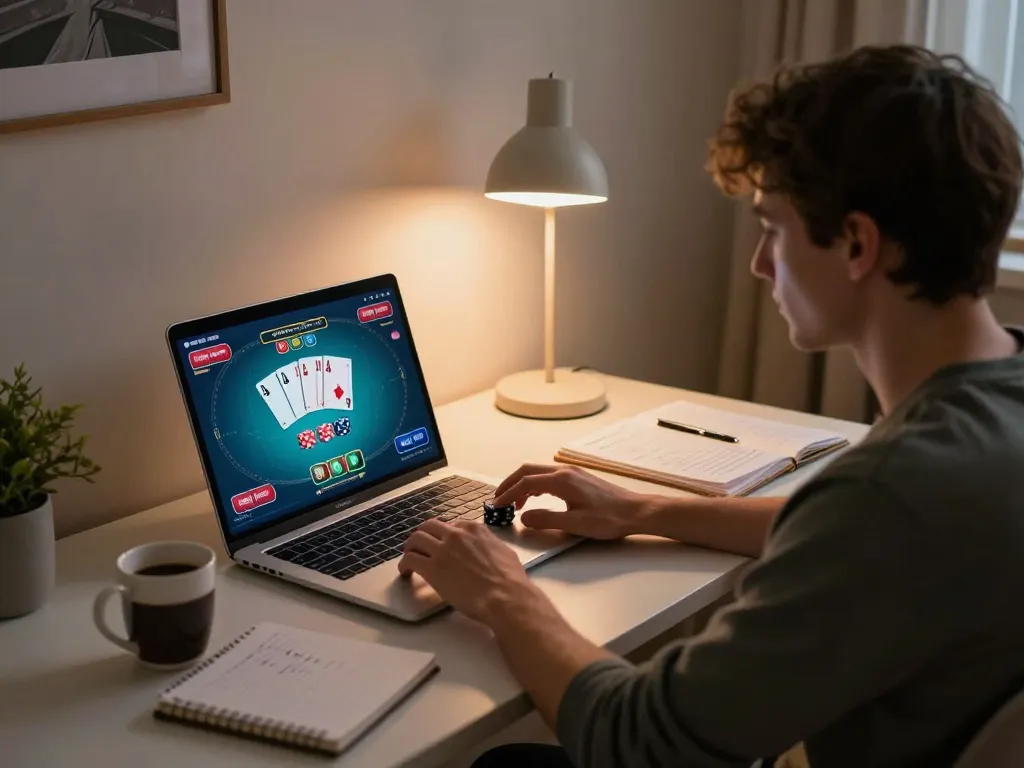 LUCKY88 player enjoying an online poker game with strategic notes at home