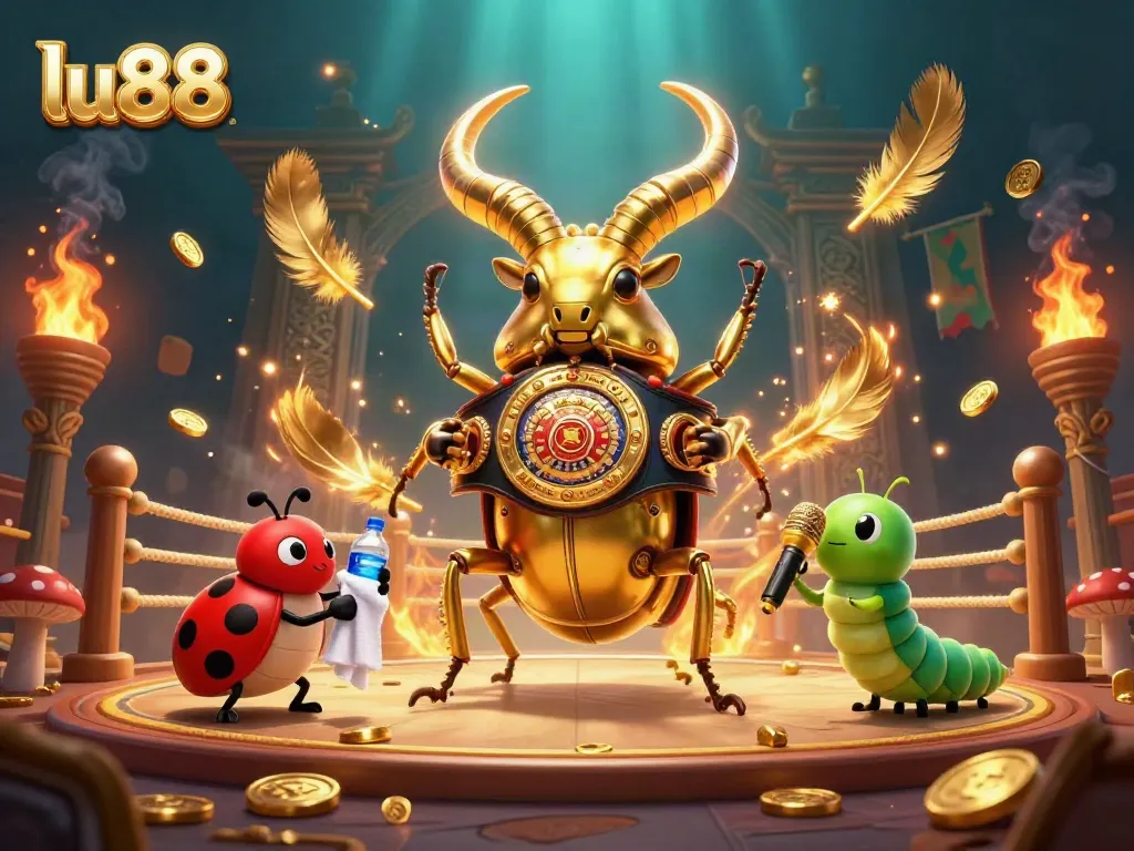 Experience excitement at lu88 with giant golden beetle and ladybug in a dynamic boxing-themed casino scene.