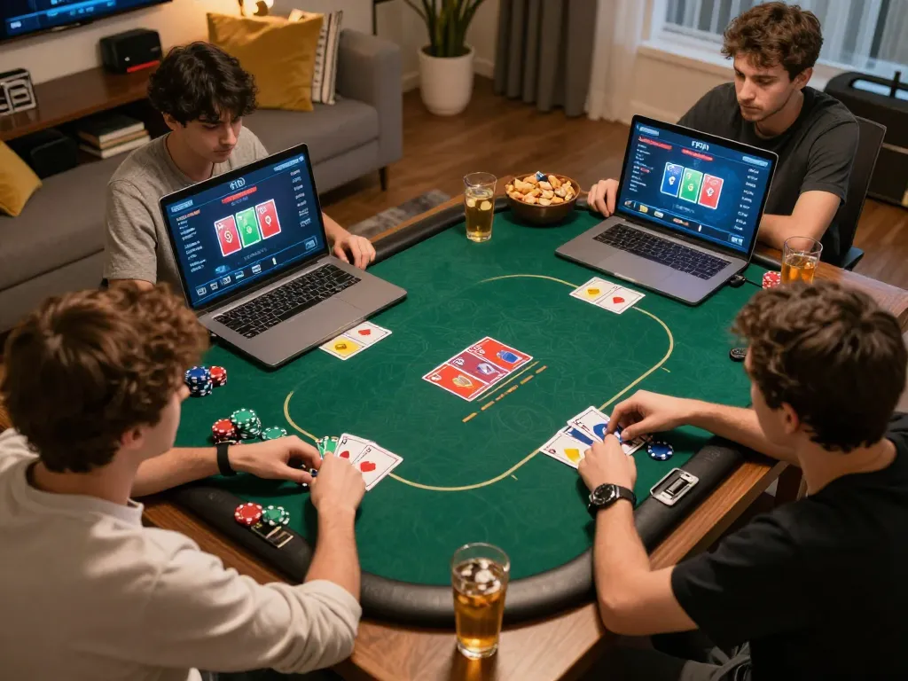 Players engaged in an online poker game using go8 platform, surrounded by strategic notes and snacks in a cozy home setting.
