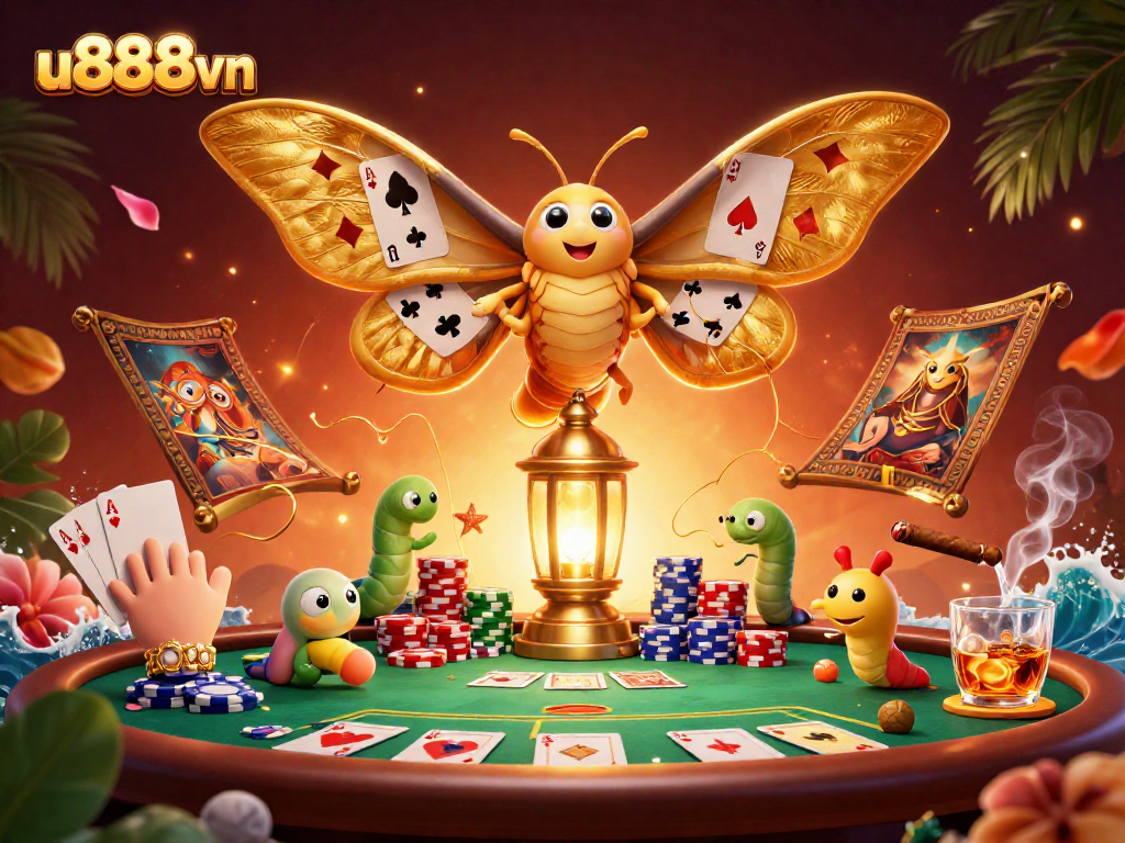 Experience vibrant casino excitement at u888vn with a dynamic scene of a moth and gaming elements.