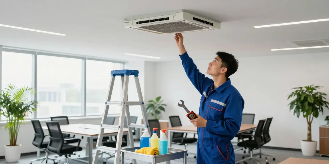 Facilities maintenance technician inspecting HVAC in a corporate office, demonstrating professional upkeep.