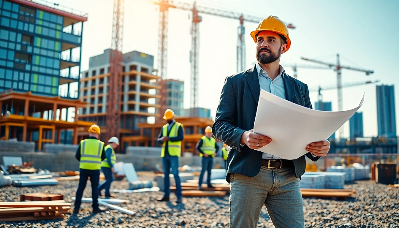 New Jersey Construction Manager overseeing a construction site with team collaboration and blueprints.