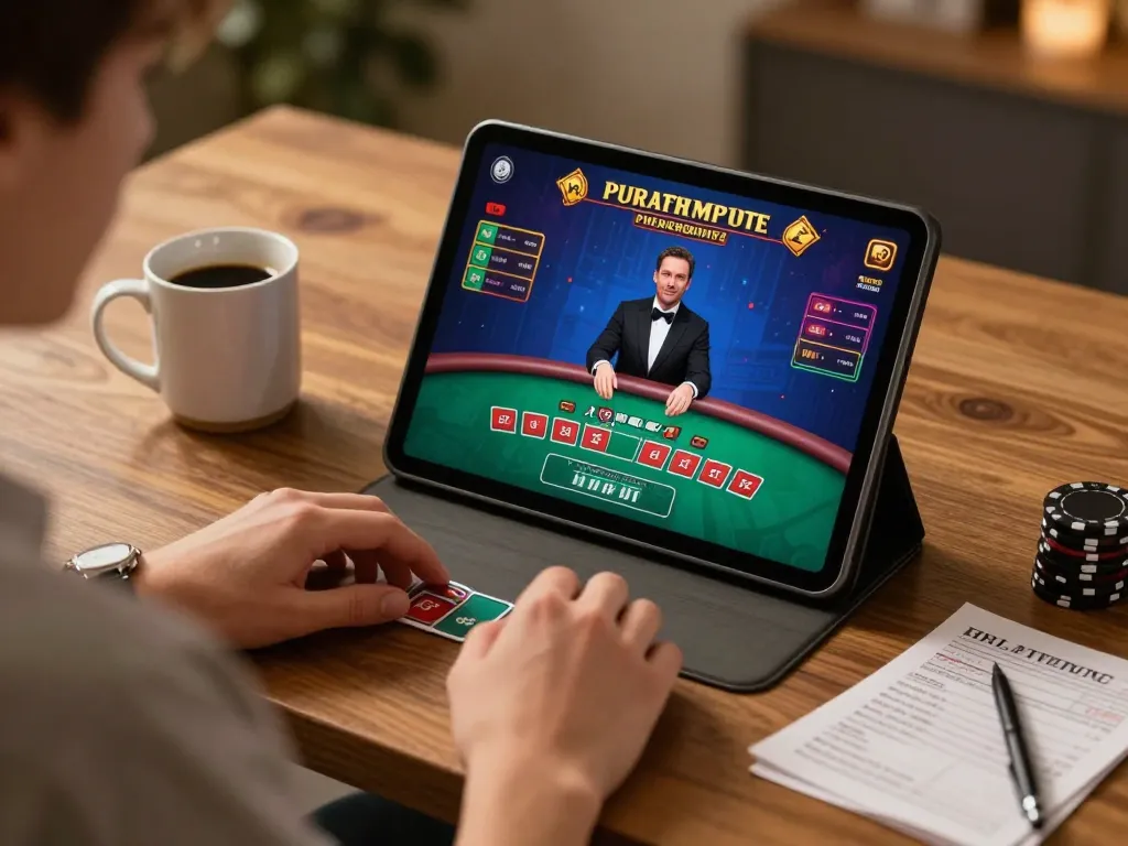 TG88 player enjoying an online live dealer blackjack game at home, showcasing responsible gambling.