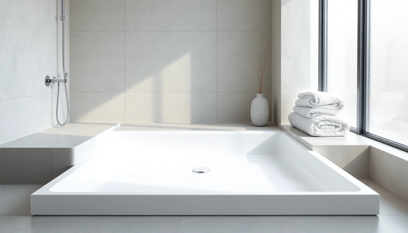 Explore a stunning shower base shower in a modern bathroom, featuring sleek design and natural light.