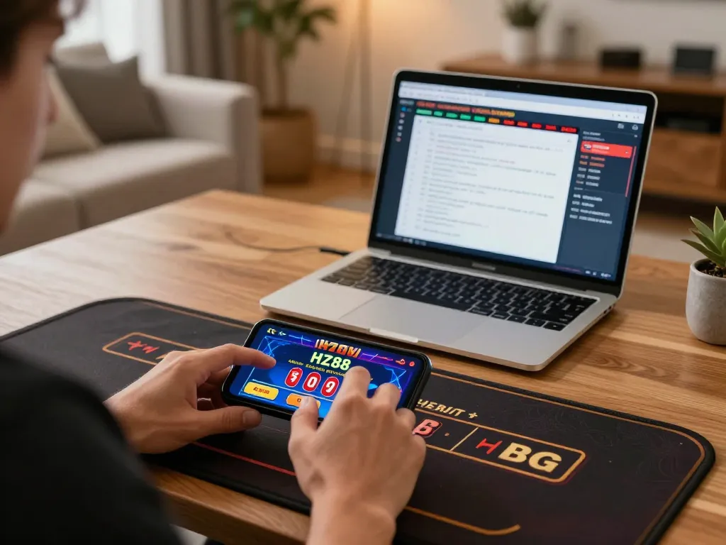 Playing casino games on HZ88 app, focusing on smartphone betting experience in cozy home setting.