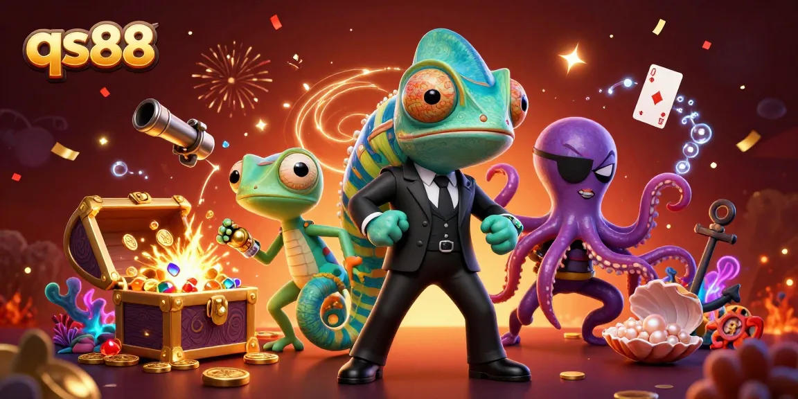 Experience the excitement of qs88 as a chameleon secret agent and his companions uncover treasures and thrill in this vibrant casino scene.