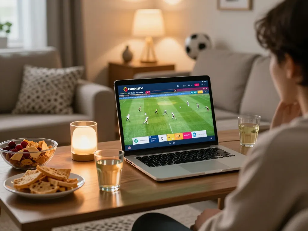 Engaged viewer enjoying CAKHIATV's live football match streaming in cozy home setting.