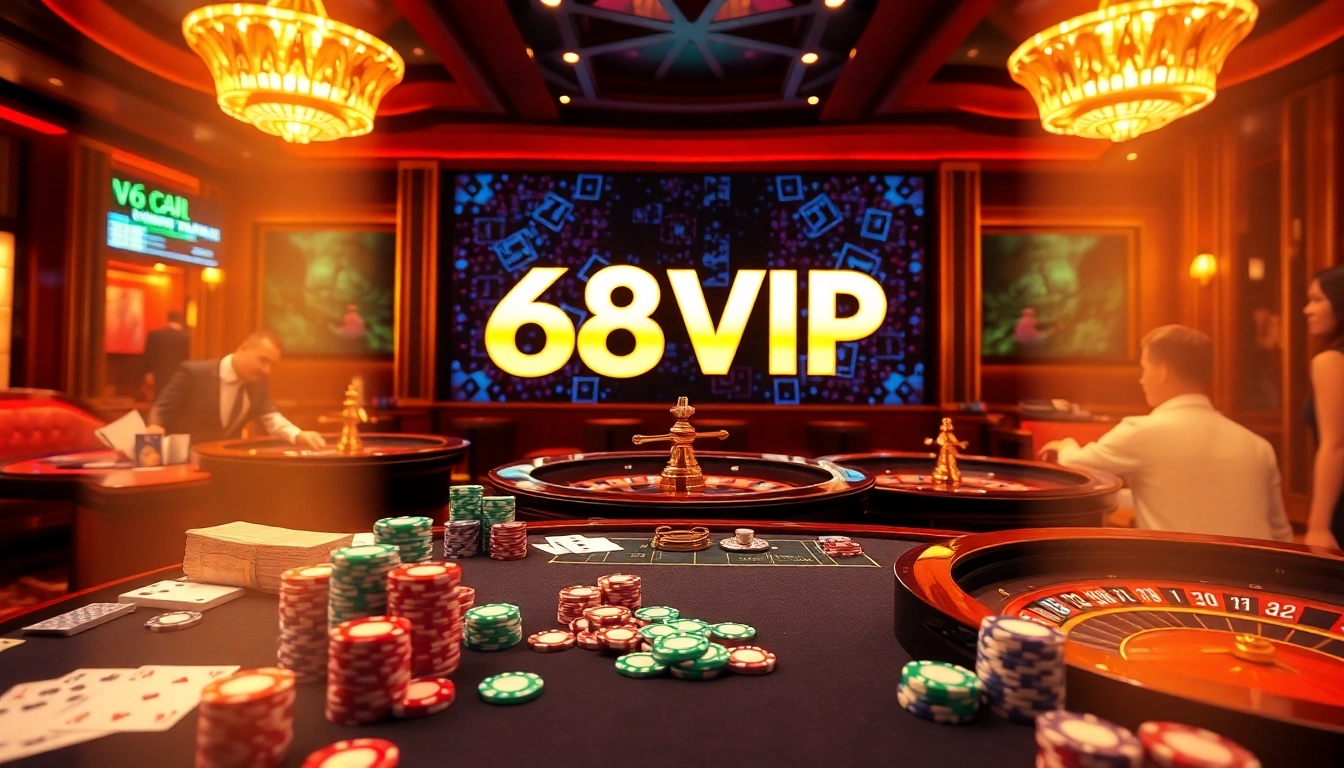 Experience online gambling at Nhà Cái 68VIP with vibrant casino tables, poker chips, and cards in action.
