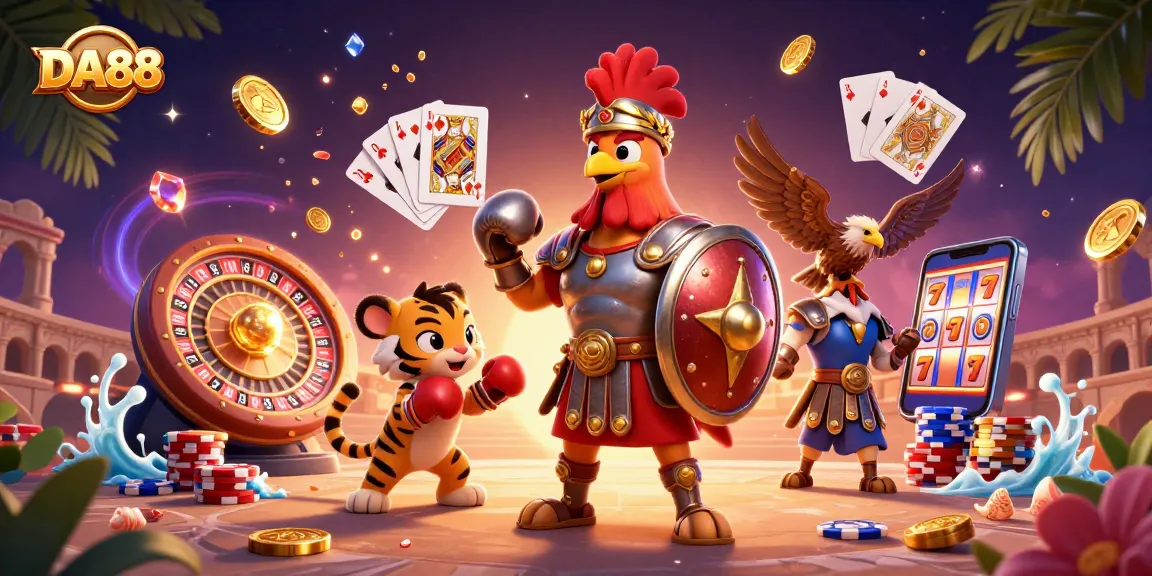 Experience the excitement of gaming at DA88 with a vibrant casino scene featuring golden coins and dynamic characters.