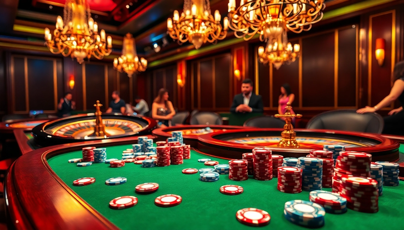 This vibrant casino scene at https://bj881.it.com/ features a lively poker game with colorful chips and cards, enhancing the thrill of gambling.