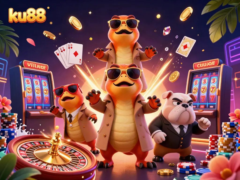 Bet on ku88 with raptors and bouncer in a vibrant casino setting filled with gold and jewels.
