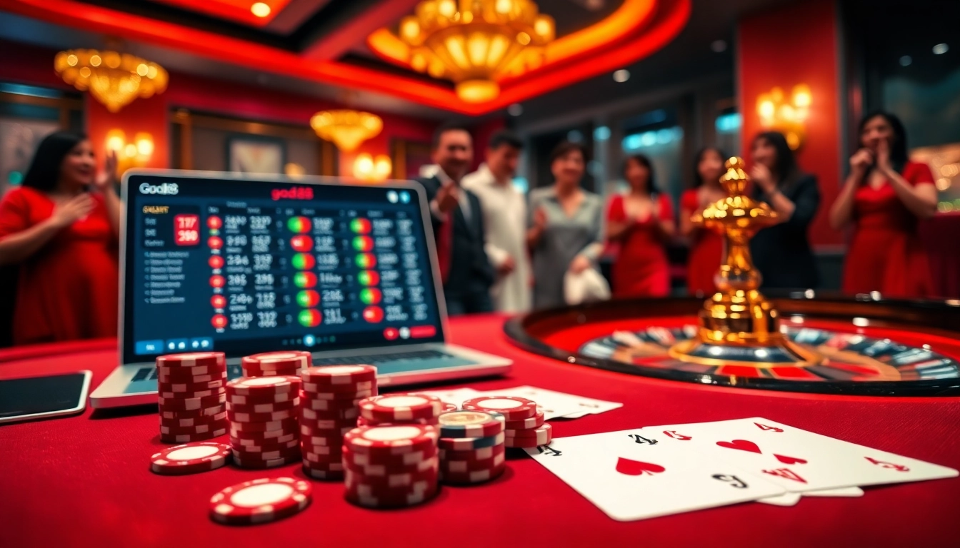 Experience thrilling online gambling at good88 with vibrant poker chips and a sleek roulette wheel.