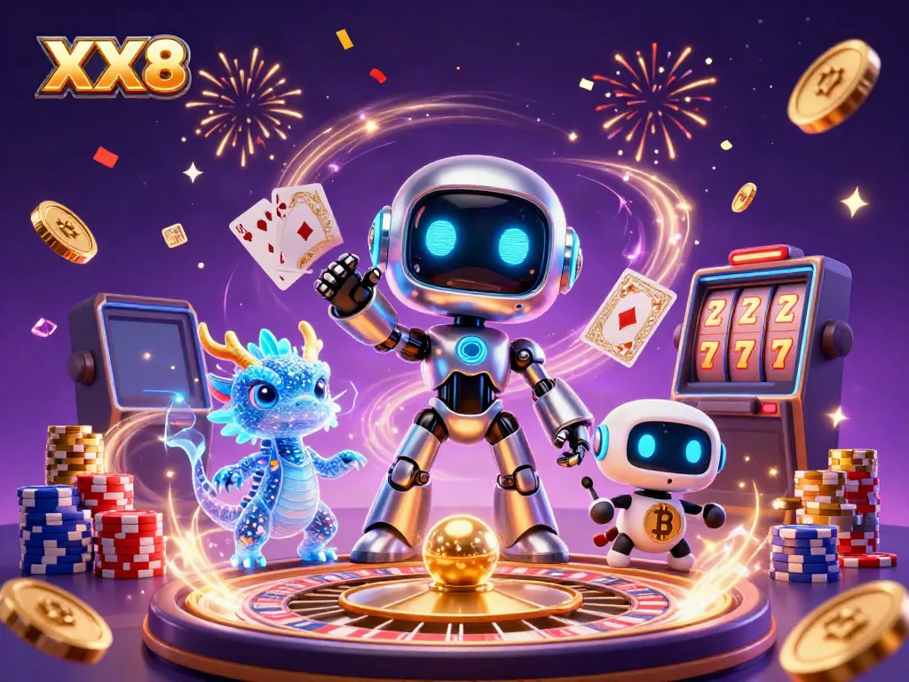 Spin and win with XX8 casino-themed characters amidst vibrant game elements
