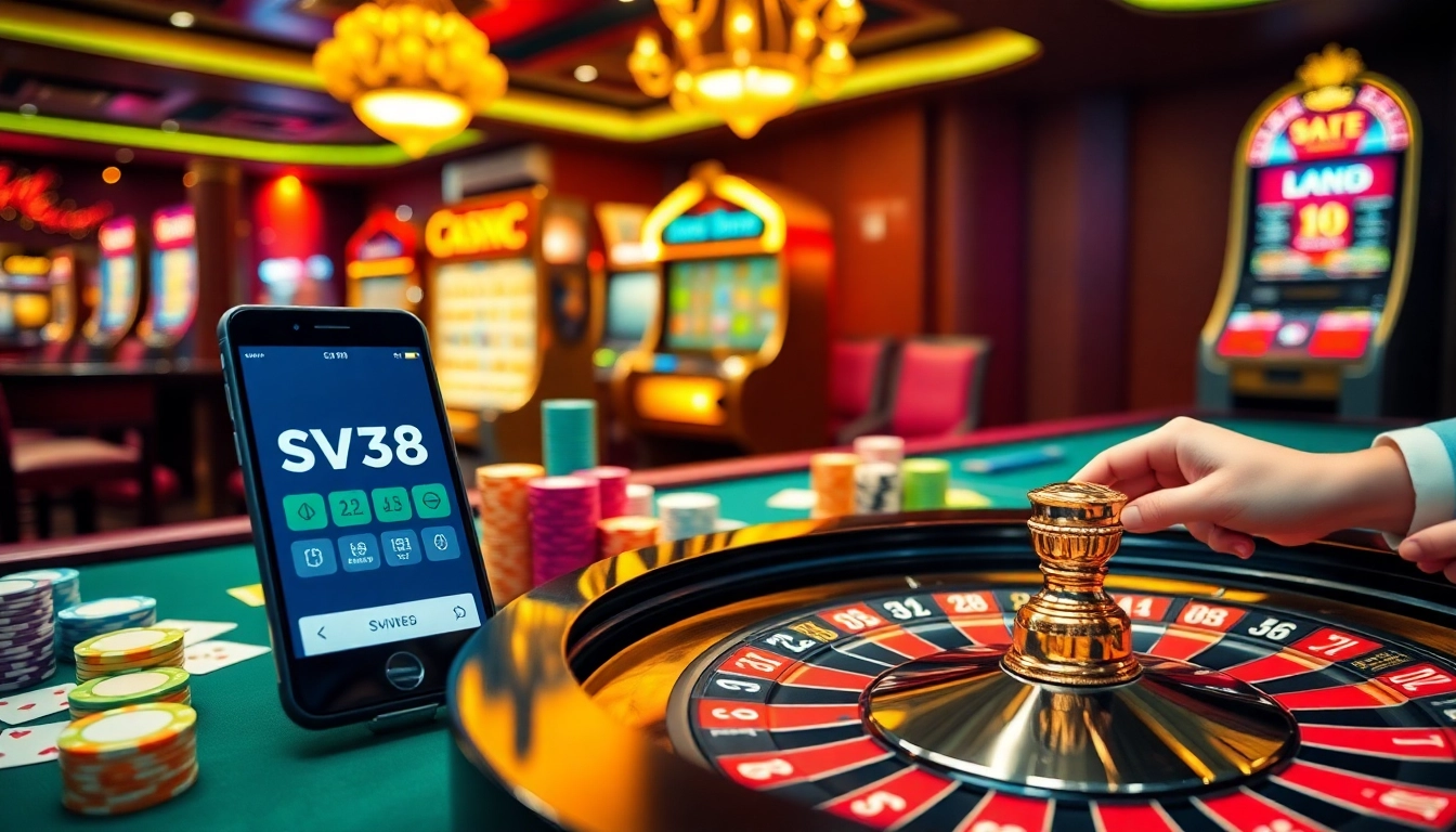 Engage in thrilling gameplay at https://sv368com.biz/ with a vibrant casino scene featuring roulette and poker elements.