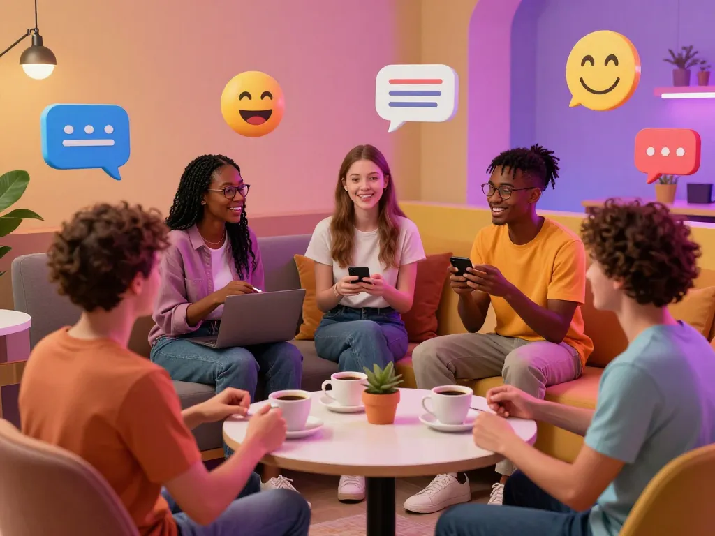 Engaging avatars in a cozy virtual lounge discussing free AI sex chat topics.