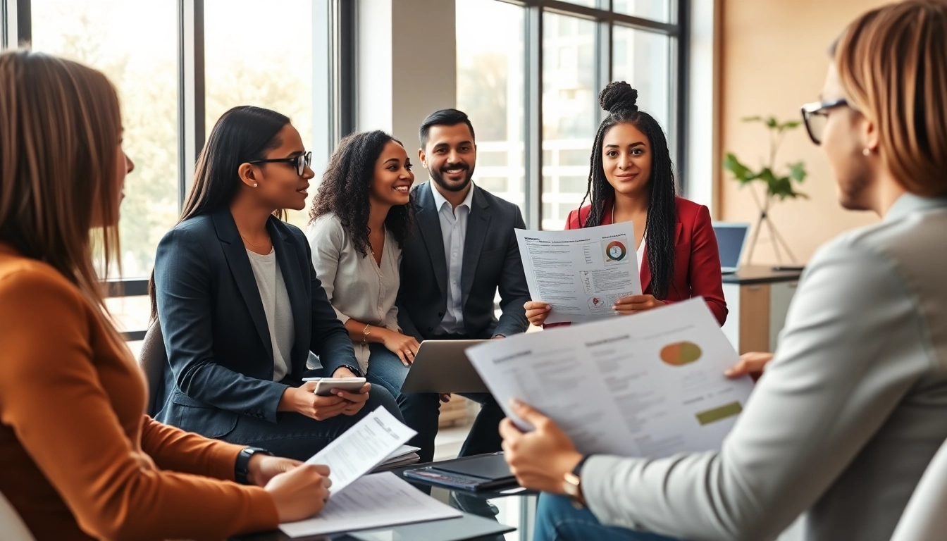 Individuals discussing their ideal career paths in a vibrant office setting.