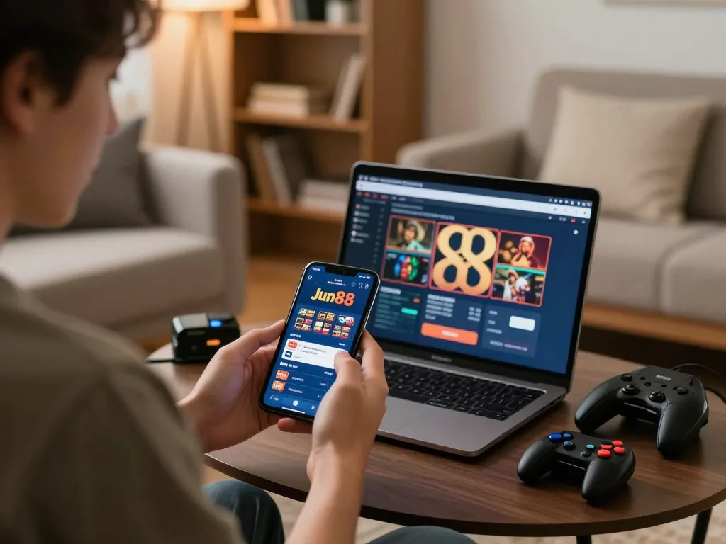 Engaging in mobile gambling using the mb668 app on a smartphone in a cozy living room setting