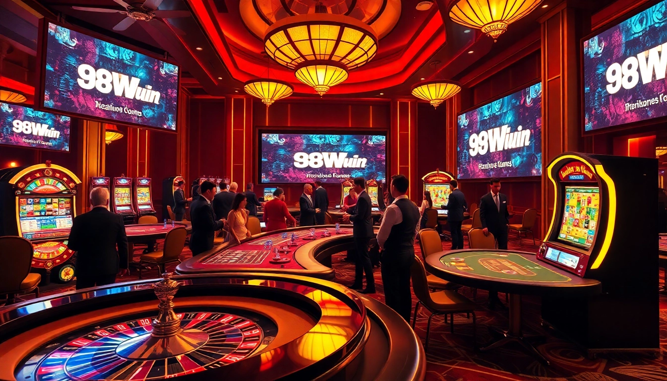 Experience thrilling gambling action at 98Win casino with vibrant poker tables and slot machines.