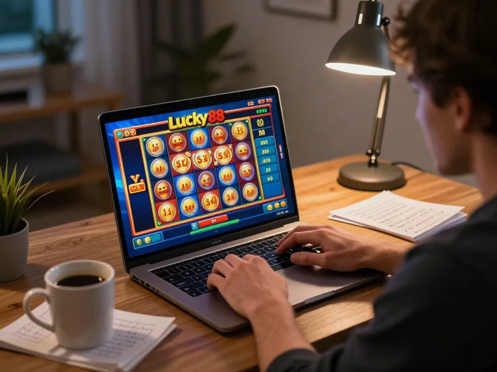 Player enjoying the Lucky88 slot game on a laptop, reflecting a responsible gaming experience at home.