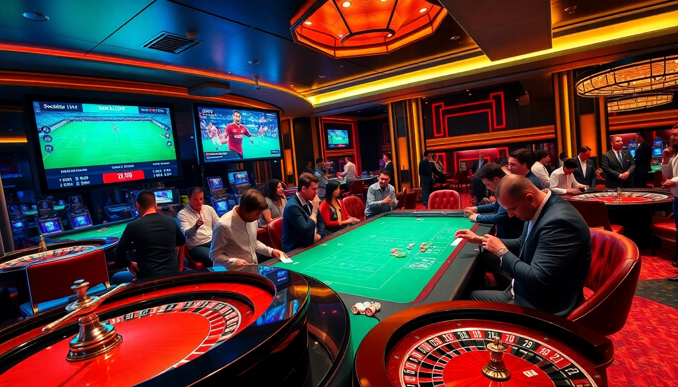 Socolive enthusiasts placing bets at a modern casino with lively sports screens and engaging atmosphere.