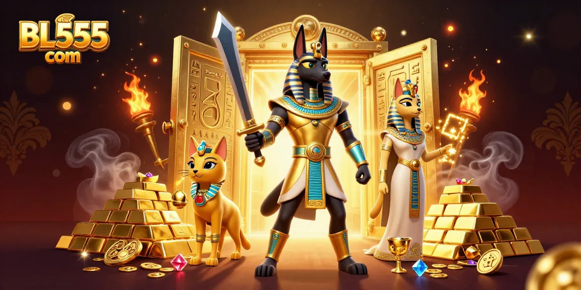 Experience epic wins at BL555 com with an ancient Egyptian theme, featuring treasures and vibrant casino elements.