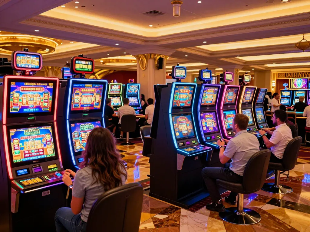 Players enjoying vibrant slot machines at 78win casino, illustrating electrifying gaming energy.
