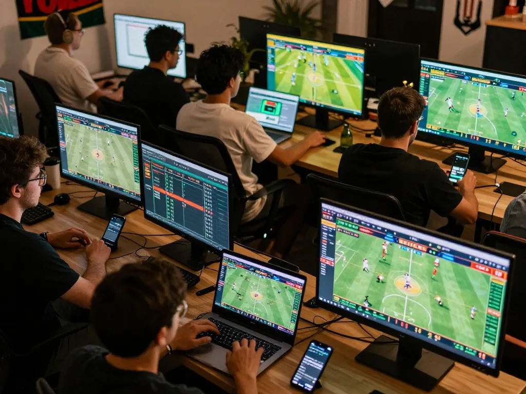 Users actively betting on live sports events at home with 8kbetcom interface on screens showing dynamic live action.