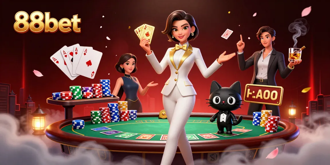 Experience the thrill of 88bet, where a stylish dealer shuffles golden cards at a vibrant poker table.