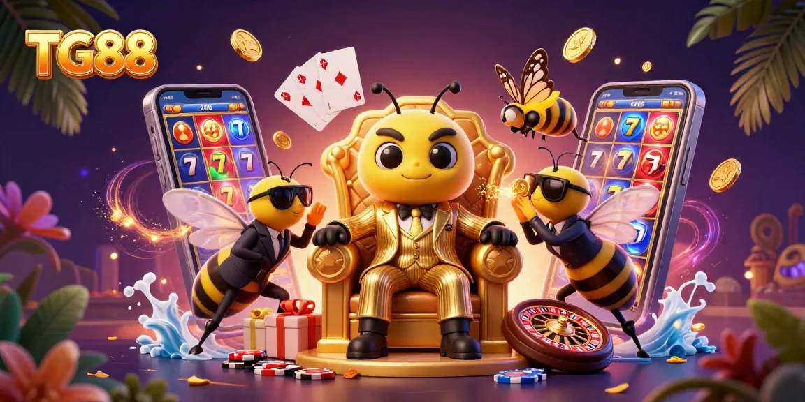 TG88 reveals thrilling slot game scenes with a bumblebee mob boss in a playful casino setting.