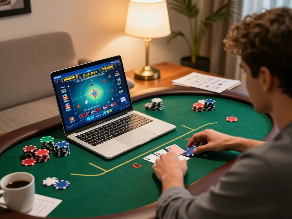 Player engaging in an exciting ee88 online poker game at home, showcasing vibrant gameplay and strategy notes.