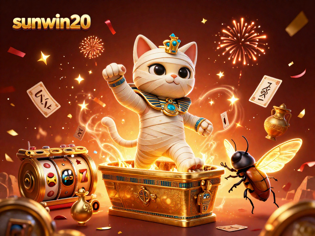 Experience thrilling games like slots with sunwin20 in a vibrant casino adventure featuring an Egyptian mummy cat.